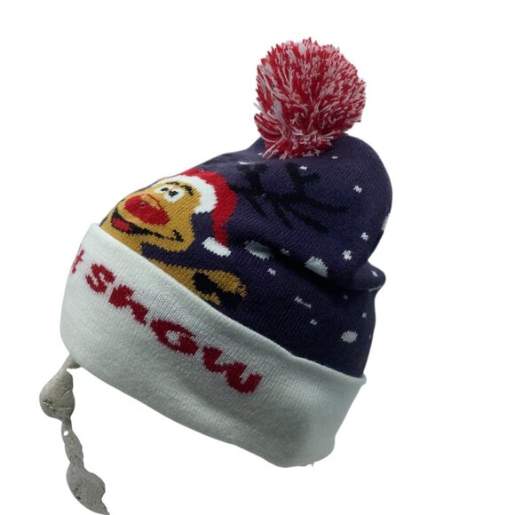 Christmas "Let It Snow" Knit Beanie With Reindeer & Pom-Pom LED Light Up - Picture 4 of 6